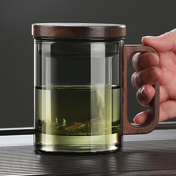 贞喜气玻璃茶杯带把茶水分离杯大容量泡茶杯滤茶杯绿茶杯办公室茶杯男