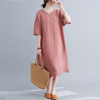 棉麻直筒裙连衣裙女小清新格子显瘦复古夏季站洋气中长裙红细格大码l