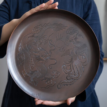 铜茶盘 纯铜茶盘 纯铜功夫茶盘沥水盘圆形手工纯紫铜茶盘壶承干泡盘茶