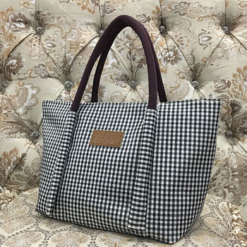 帆布防水布包饭盒袋便当包女士手提袋妈咪包小布包包黑白格子bg小号