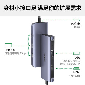 绿联（UGREEN）Type-C扩展坞HDMI投影拓展坞VGA高清苹果转换器USB转接头PD充电器通用Mac笔记本电脑转接口扩展器