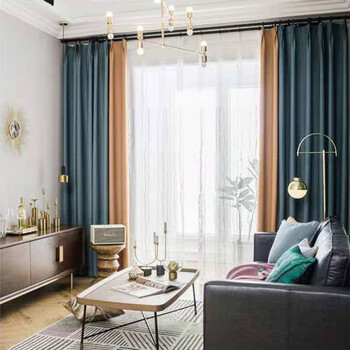 蓝色拼橘黄色 超高窗帘成品定制每米