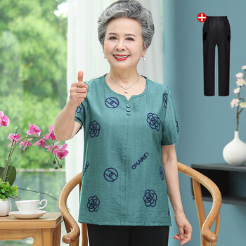 棉麻妈妈短袖夏季凉快款中老年女妈妈装夏季短袖t恤老年人大码棉麻
