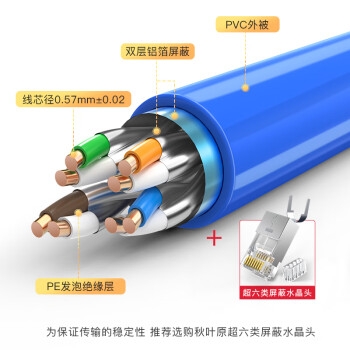 秋叶原（CHOSEAL）超六类双屏蔽网线 CAT6A类万兆抗干扰降衰减纯铜 工程家装网络宽带线 蓝 100米 QS2669BT100S