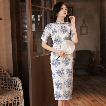 新中式国风古法双襟旗袍改良年轻款少女日常可穿蓝色连衣裙子夏季 宝