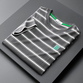 夏季纯棉圆领条纹体恤衫休闲短袖t恤男薄款半袖海魂衫海军t恤 灰  