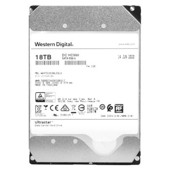 西部数据 企业级氦气硬盘 Ultrastar HC550 SATA 18TB CMR垂直 7200转 512MB (WUH721818ALE6L4)