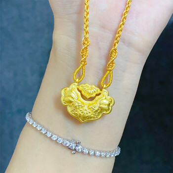 gleo老凤凰足金999锦鲤金锁黄金吊坠女3d硬金双鱼平安锁织绳项链挂坠