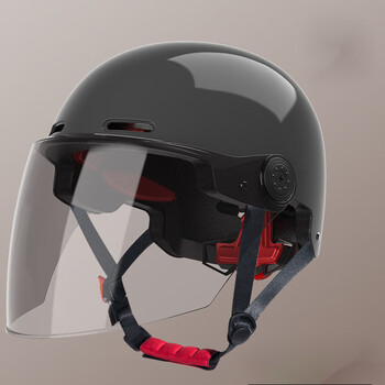 车头盔夏季防晒男女士半盔电瓶车安全帽四季通用 耀夜黑-防风长茶镜