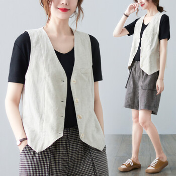 素素棉麻马甲小外套女时尚空调衫上衣薄短款开衫夏季无袖马夹坎肩背心