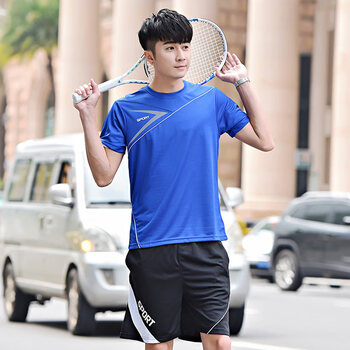 男士跑步装备速干衣篮球短袖短裤训练服冰丝运动套装夏季3908蓝色2xl