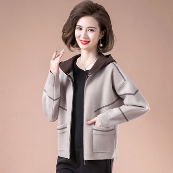 外套女新款中老年女装针织开衫连帽洋气夹克上衣灰色普通版3xl建议135