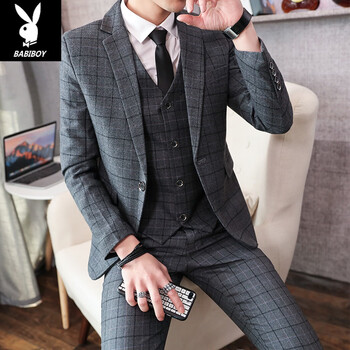 babiboy男士三件套西服青年格子小西装套装春秋帅气新郎结婚礼服商务