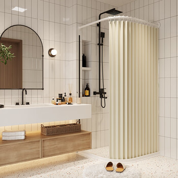 璞浴隐形折叠浴帘套装l型浴帘杆弧形伸缩杆免打孔浴室隔断帘浴帘布隔