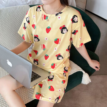 睡衣女夏季纯棉短袖短裤薄款套头韩版可爱网红家居服套装 夏-草莓女孩