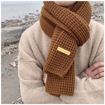 新款日系情侣围巾男冬季学生百搭加厚色针织手织围脖男友礼物姜黄