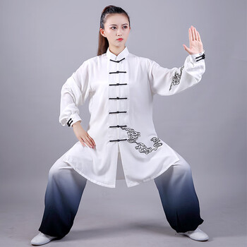 太极服祥云新款飘逸三件套太极拳表演比赛练功服装渐变色演出 白色