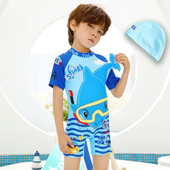 柯帛男童泳衣新款中小童小海豚连体泳衣拉链短袖儿童泳装 蓝色连体带帽 L(110-120)