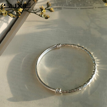 素写足手镯女文艺复古锤纹抽拉式圆镯子实心s999素银饰品成人款手围