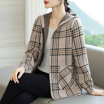 稼昀女士带帽羊绒大衣双面格子短款加宽松上衣小个子百搭毛呢外套米色