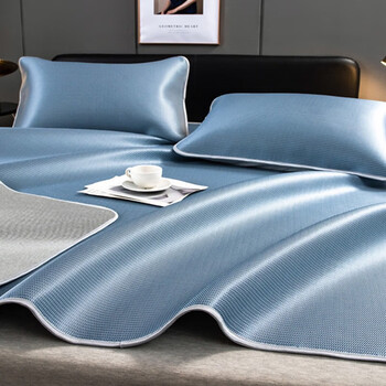 无印良品新款夏季1800d冰丝凉席三件套可水洗软席子夏天空调凉席 深蓝