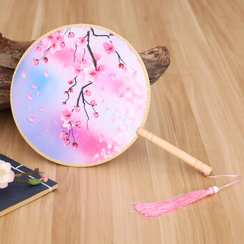 abdt双面团扇古风扇子女式儿童长柄流苏古装汉服旗袍舞蹈扇团扇小圆扇