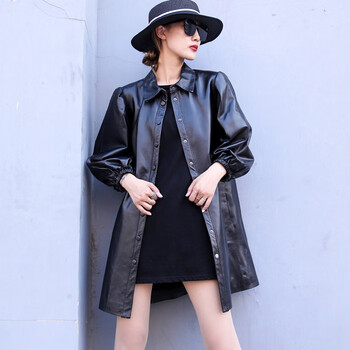 女士皮衣秋冬款羊皮秋冬皮衣女士中长款外套宽松显瘦皮风衣大衣 黑色