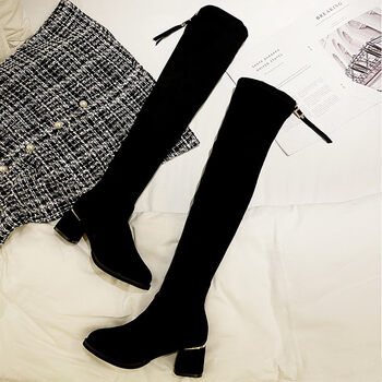 冬天穿加绒中长款女靴女新款秋冬季高根弹力瘦瘦靴子女小个子长靴黑色