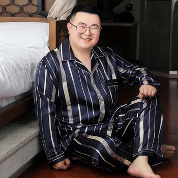 冰丝开衫长袖春秋胖子肥佬宽松200斤wl深蓝条纹大版l高170内130斤内