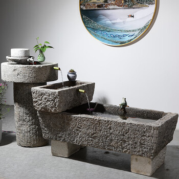 石斋御景老石槽马槽组合流水套装室内摆件养鱼养荷花老石磨石槽水缸旧