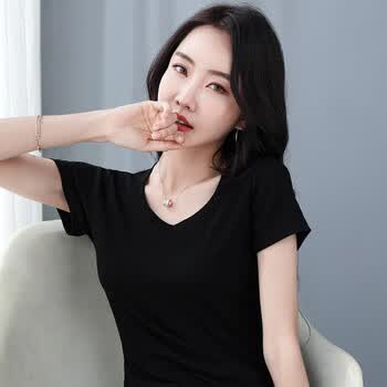 hmdime莫代尔棉超舒适v领轻薄高弹短袖t恤女tjsh9633黑色s