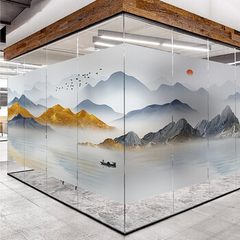mioc美果果水墨山水画办公室静电磨砂玻璃贴膜隔断装饰贴纸尺寸可定制