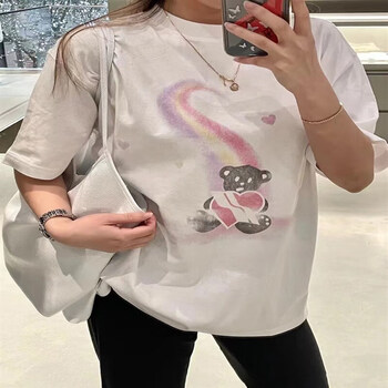 巾玖wann现货welld归来小熊爱心印花100宽松廓形短袖t恤女夏白色m