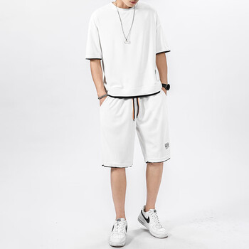 leeundelee2023新款华夫格短袖卫衣套装男夏季假两件t恤搭配帅气短裤