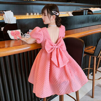 新款韩版洋气蝴蝶结裙子3-12岁中大童女孩夏季穿的时尚公主裙潮 粉色