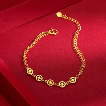 周大福沙金铜钱手链女款感钱币幸运手串情人节礼物送女友 复古铜 古