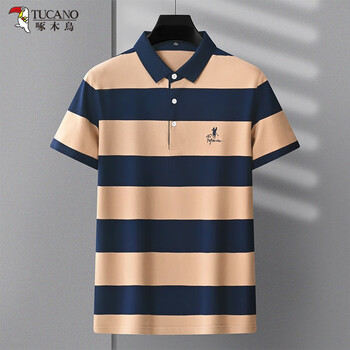 啄木鸟时尚男装夏季短袖t恤男新款条纹短袖polo衫翻领中老年休闲 8605