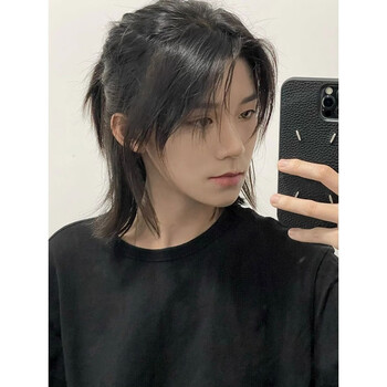 狼尾假发男女通用短发自然韩版帅气中分日系鲻鱼头动 自然黑 发网