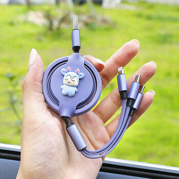 卡通汽车用数据线一拖三快充伸缩多功能三合一手机充电器车载用品新款