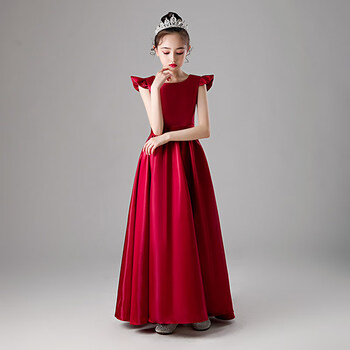 少女钢琴演奏礼服童高端舞台演出服主持人公主裙长款小孩 红色 170cm