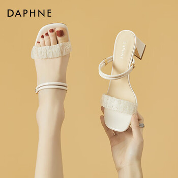 【达芙妮4623303006】达芙妮一字拖粗跟拖鞋女时尚两穿网纱高跟凉鞋女
