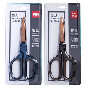 得力(deli)175mm镀钛不锈钢剪刀 软包胶手柄手工剪子 6053 蓝色
