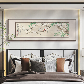 画客厅沙发背景墙面挂画茶室书房 《雪梅丹雀图》(米白亚麻布托底)