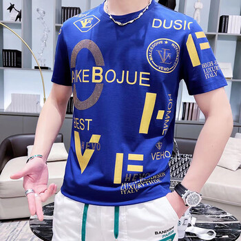 新款烫钻短袖t恤浅浅男装kaimengou凯蒙欧欧版潮牌男士夏季1069蓝色m