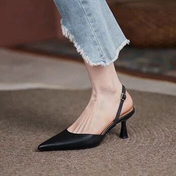 小个子半包凉鞋女式包头真皮细高跟鞋小众气质跟尖头法式后空单黑色5