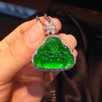 缅甸老坑翡翠玉吊坠观音飘花满绿玉佛吊坠如意阳绿佛公通 绿佛公通透