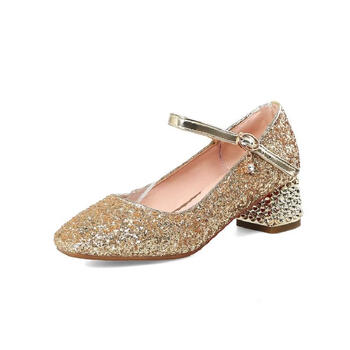 高跟鞋小女孩大童学生水晶公主皮鞋小鞋配裙子礼服演出的单鞋 金色(4