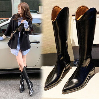 蓝马公主全牛皮靴子西部女靴2021秋冬新款马靴尖头中高筒长靴女长筒靴