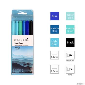 慕那美（monami）双头水性纤维笔学生涂鸦手绘笔彩绘水彩笔手账勾线笔6色套装Forest04035Z06-F