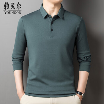 dygeq雅戈纯棉提花长袖t恤男纯色修身polo衫商务休闲男士百搭打豆绿色